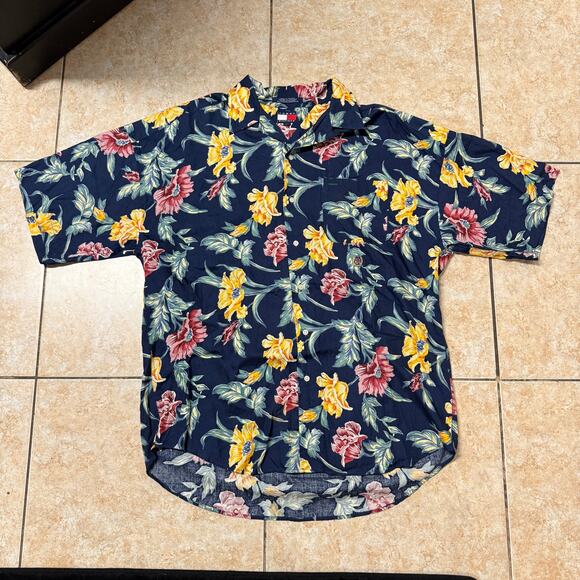 Tommy Hilfiger Floral Camp Shirt Short Sleeve Button Down Navy Yellow Red - Picture 1 of 1